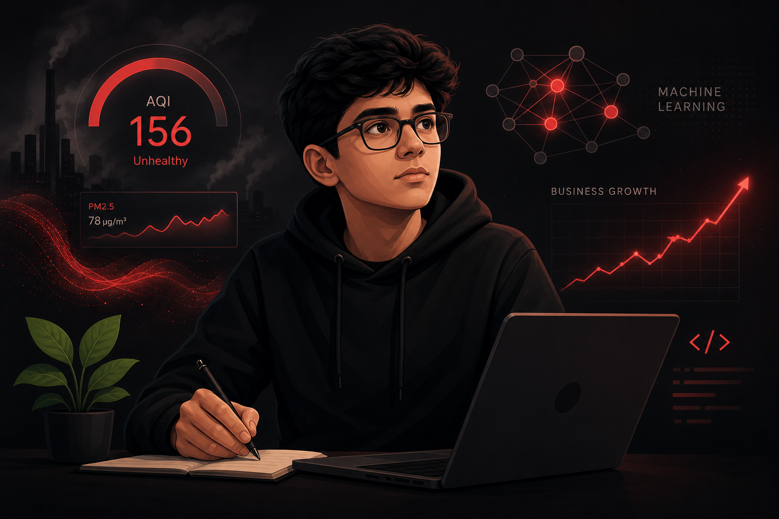 Illustrated portrait of Aarush Verma, a Liberty High School student interested in business, technology, and environmental impact.